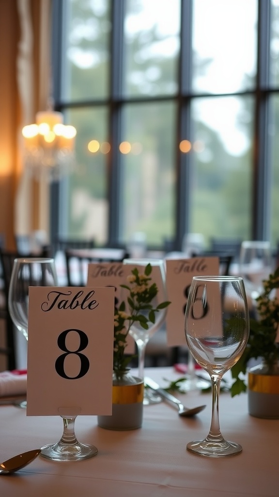 Elegant wedding table setting with table number 8 and decorative greenery.