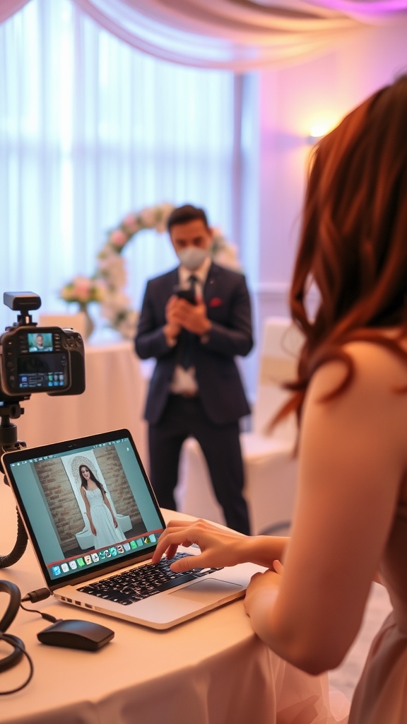 A woman operating a laptop connected to a camera for streaming a wedding event.