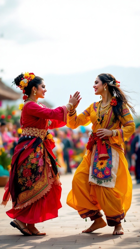 Two women in colorful traditional outfits dancing joyfully