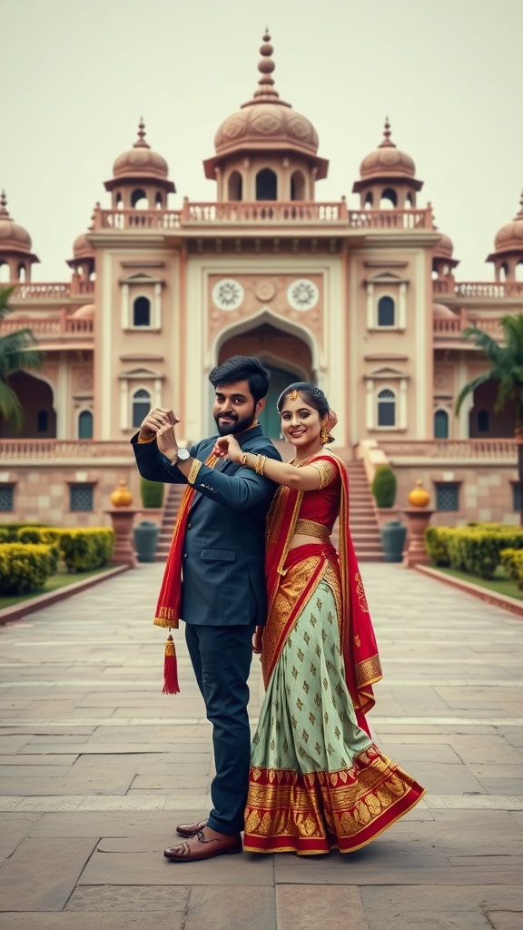 Couple in traditional Indian attire posing in front of a historic palace for engagement photos