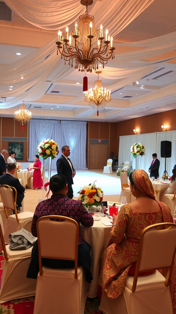 A beautifully decorated wedding reception with chandeliers, floral arrangements, and guests in traditional attire.