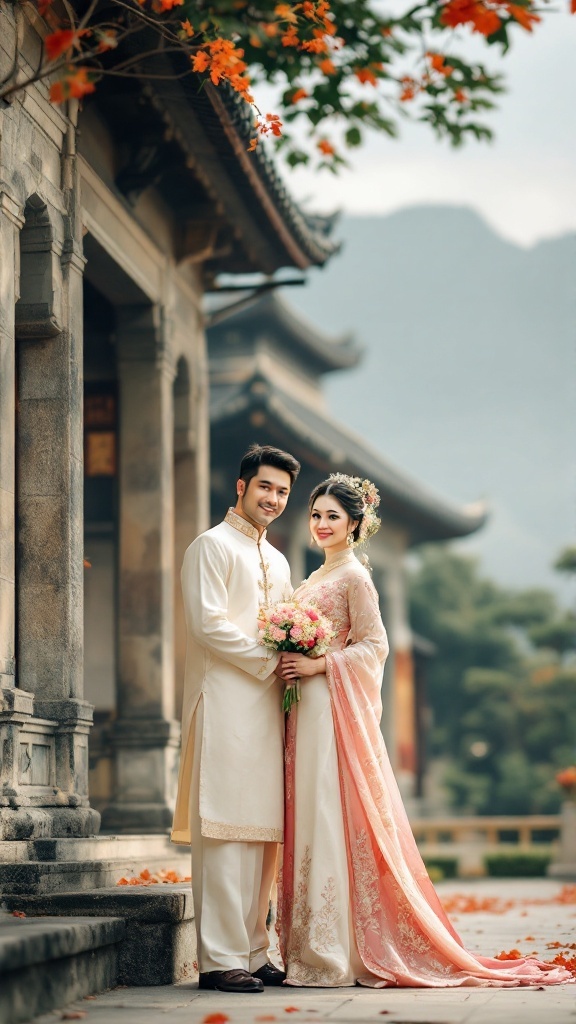 A couple in traditional attire stands together, smiling with a bouquet, in a picturesque outdoor setting.