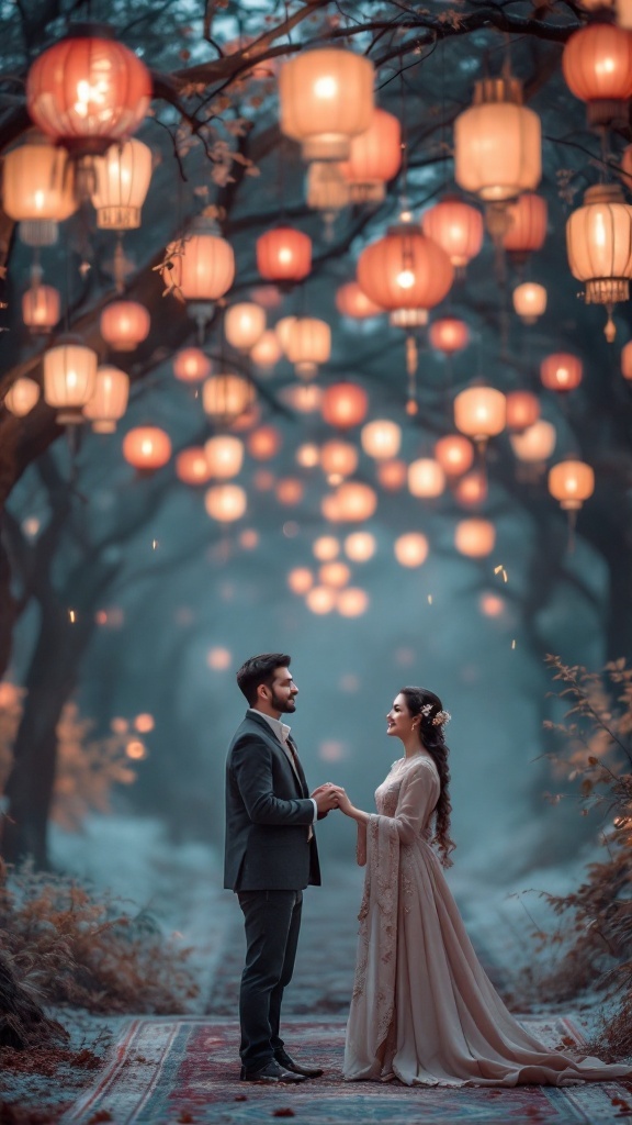 A couple in traditional attire standing under colorful lanterns in a romantic forest setting.