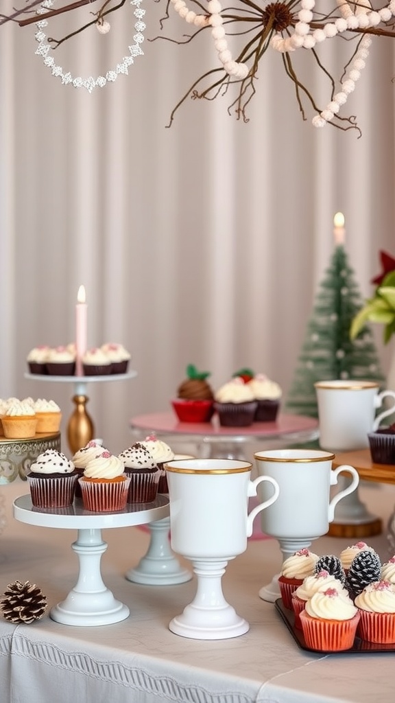 A beautifully arranged cupcake and cocoa buffet for a winter bridal shower, featuring various cupcakes and a hot cocoa station.