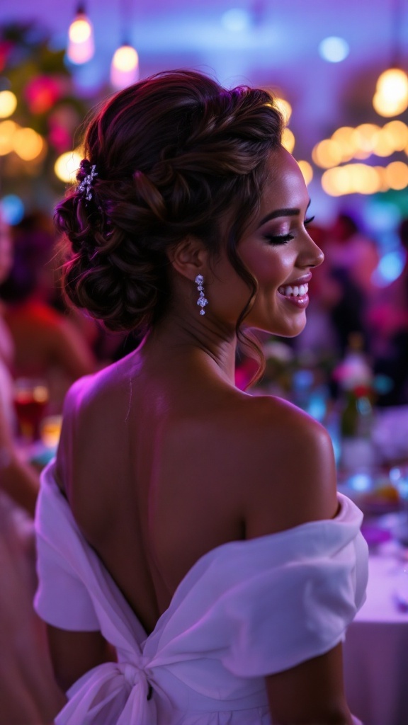 A woman showcasing a curl-enhanced side braid hairstyle at a wedding