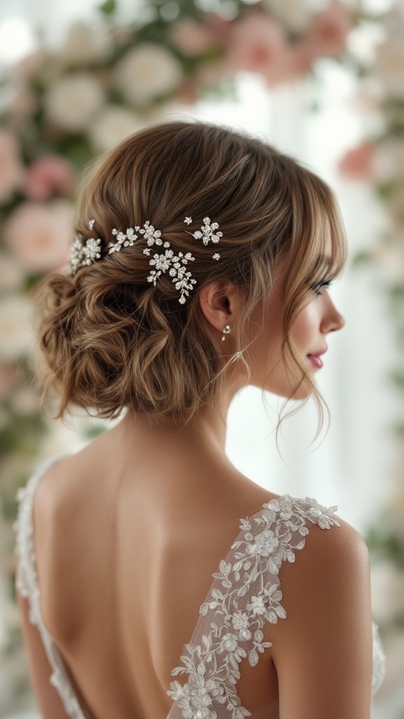 A bride with a curly bob hairstyle adorned with sparkling hairpins.