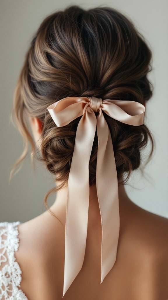 A curly ponytail secured with a soft ribbon, showcasing an elegant hairstyle for bridesmaids.