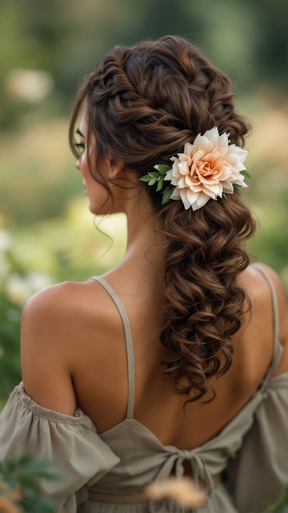 A woman with curly hair styled in a twist adorned with a decorative flower.