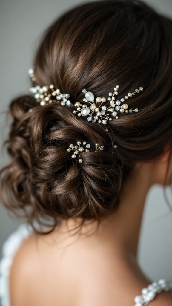 A beautifully styled curly updo with decorative pins, showcasing an elegant hairstyle suitable for bridesmaids.