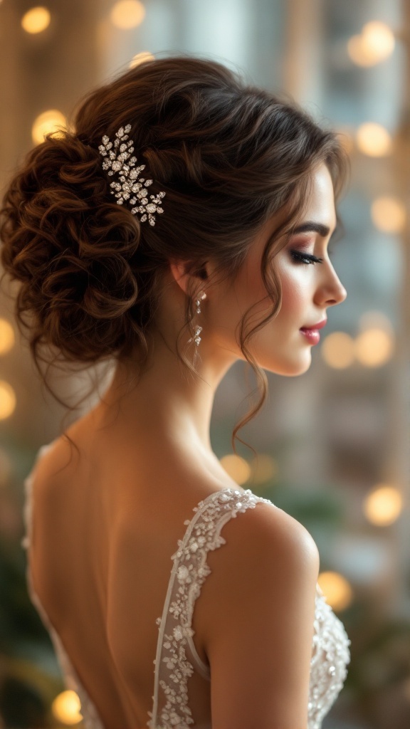 Bride with curly updo hairstyle adorned with rhinestones, wearing a delicate lace wedding dress, set against a backdrop of soft bokeh lights.
