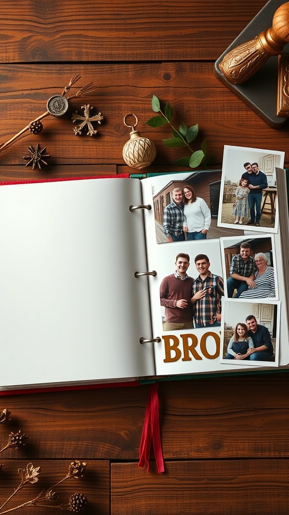 An open custom photo album featuring memories of brotherhood, with photos and decorative elements.