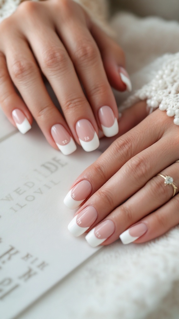A close-up of beautifully manicured wedding nails featuring customized French tips on a soft pink base with white tips.