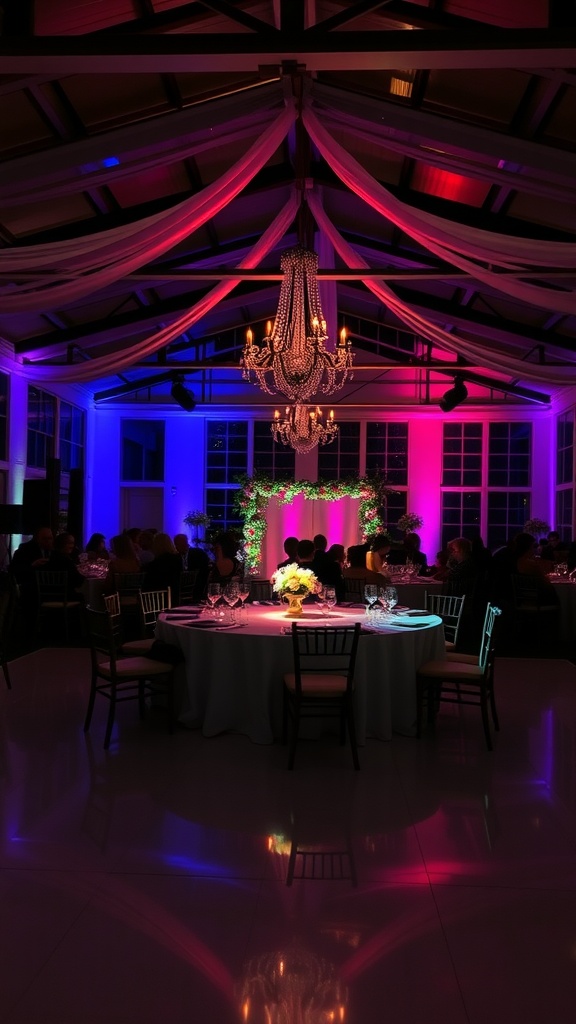 Elegant indoor wedding reception with colorful lighting effects and a chandelier