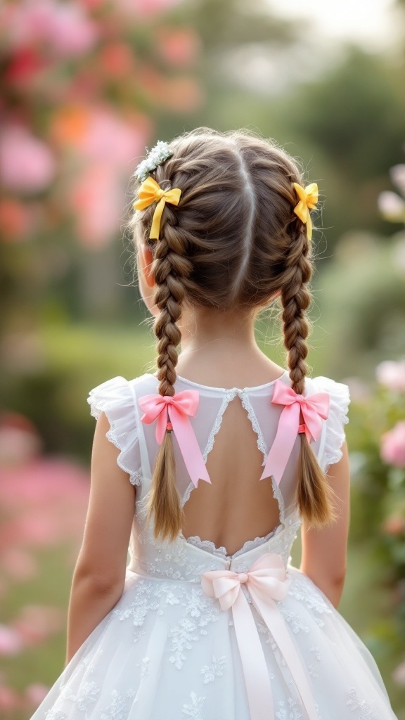 Little girl with double braids adorned with ribbons, wearing a white dress in a garden setting.