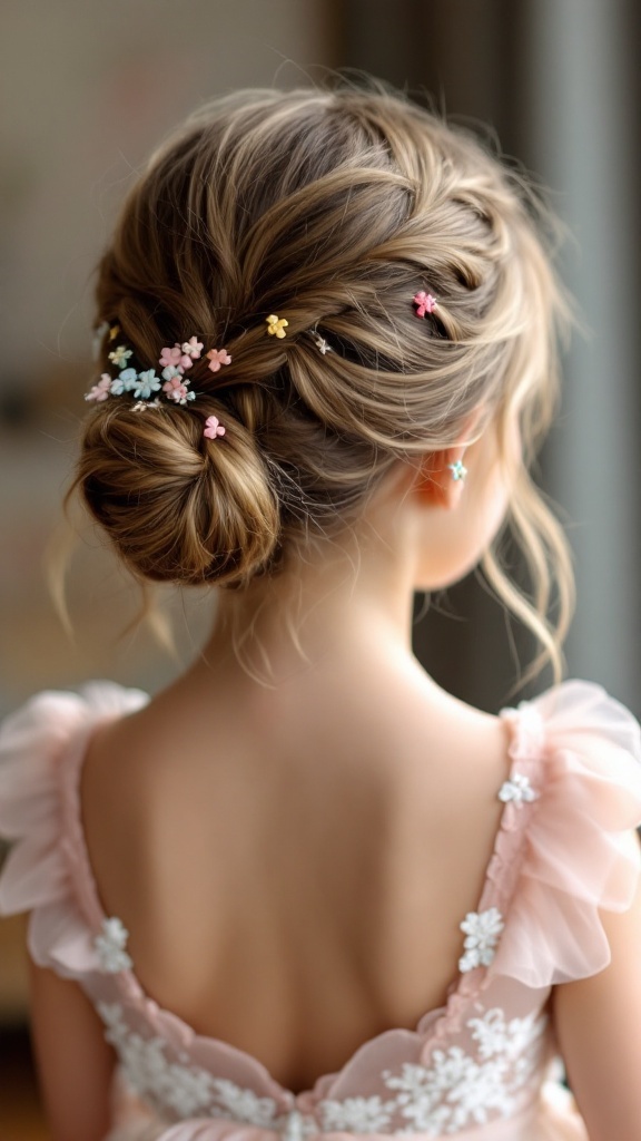 Little girl with a cute knot hairstyle adorned with colorful clips, wearing a pink dress.