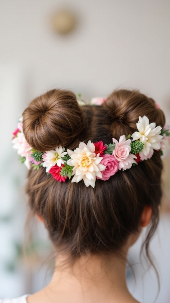 Two bridesmaids with space buns and floral crowns