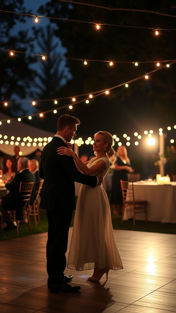 A couple dancing under string lights at a wedding reception.