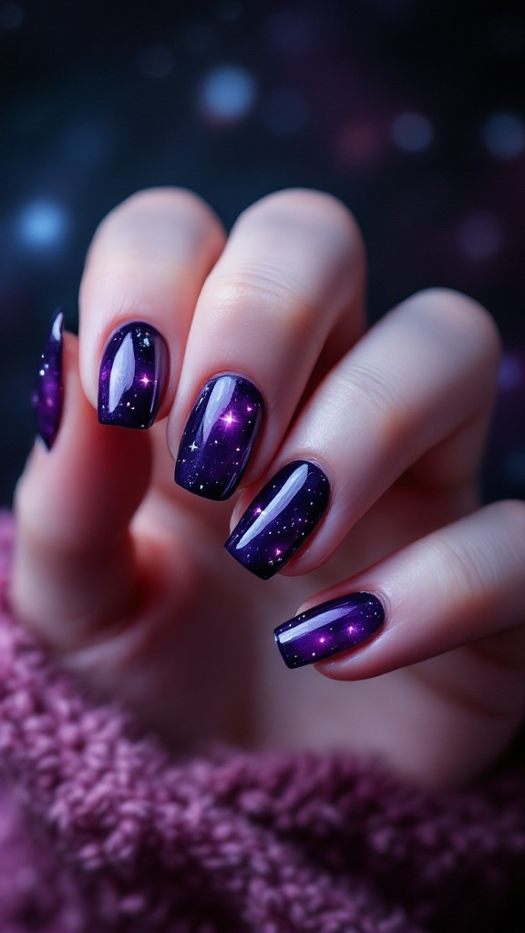 A close-up of dark purple galaxy nails with sparkles and a gradient effect