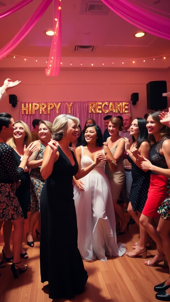 Guests dancing at a bridal shower themed as a decade dance party, with the bride in a white dress and colorful decorations.