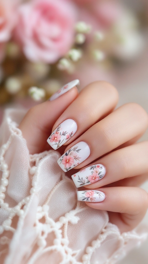 Square wedding nails with delicate pink floral designs on a white background.