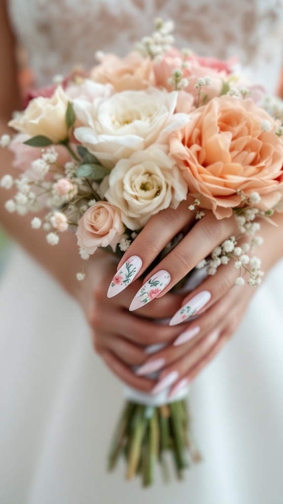 Close-up of a bride's hands holding a bouquet with delicate floral nail art