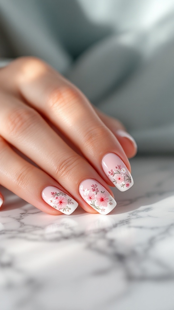 Delicate wedding nails with pink floral designs on a neutral background.