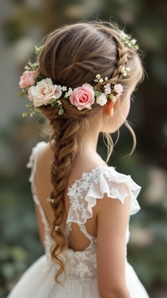 A little girl with a delicate twisted halo hairstyle adorned with flowers.