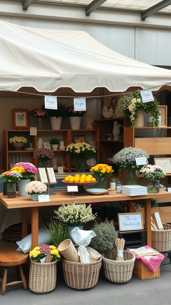 A charming artisan market setup featuring flowers, fruits, and handmade items, perfect for a bridal shower theme.