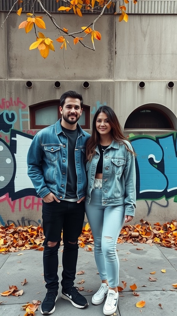 A couple wearing denim jackets in an urban setting with autumn leaves.