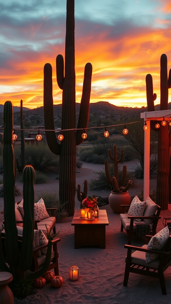 A cozy desert setting with cacti, comfortable seating, a table with candles and flowers, and string lights overhead during sunset.