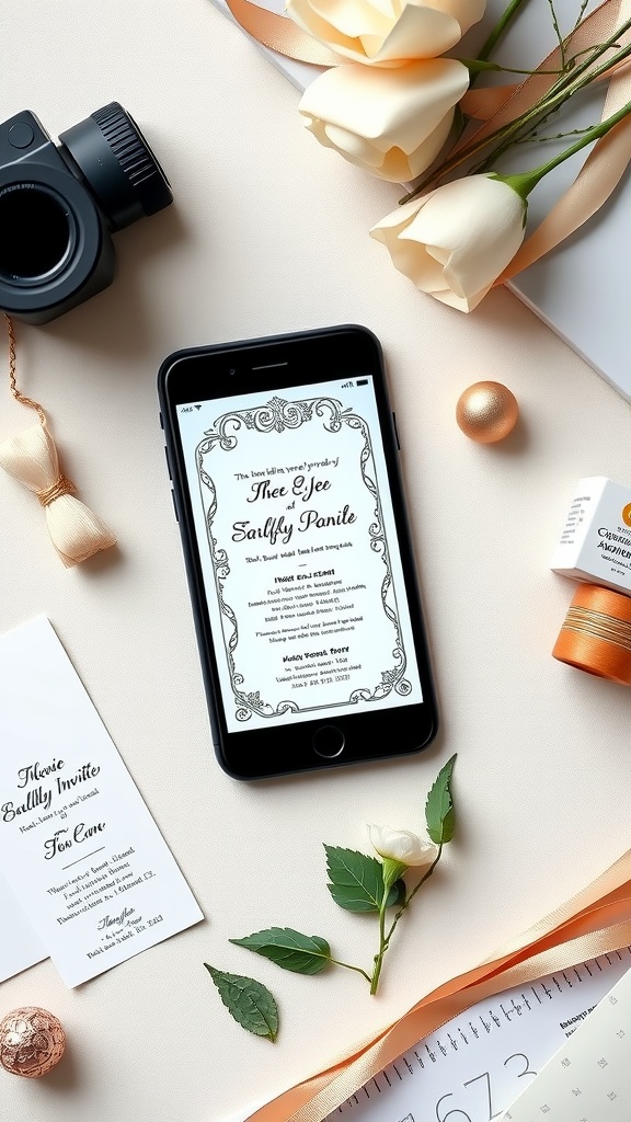 A smartphone displaying a digital wedding invitation, surrounded by flowers, a camera, and decorative items.