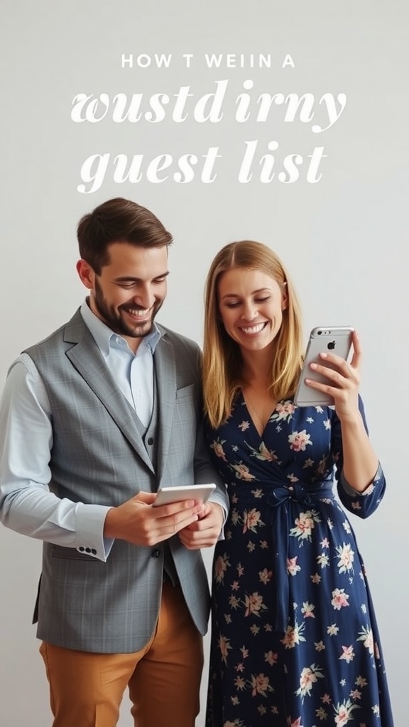 A couple smiling while managing their wedding guest list on their phones