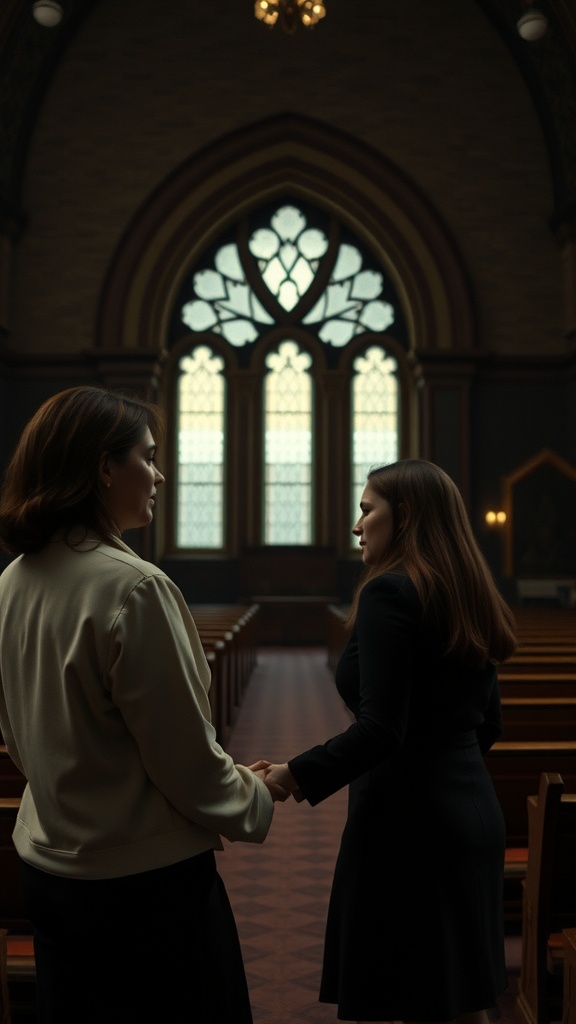 Two women holding hands in a church setting, symbolizing emotional connection.