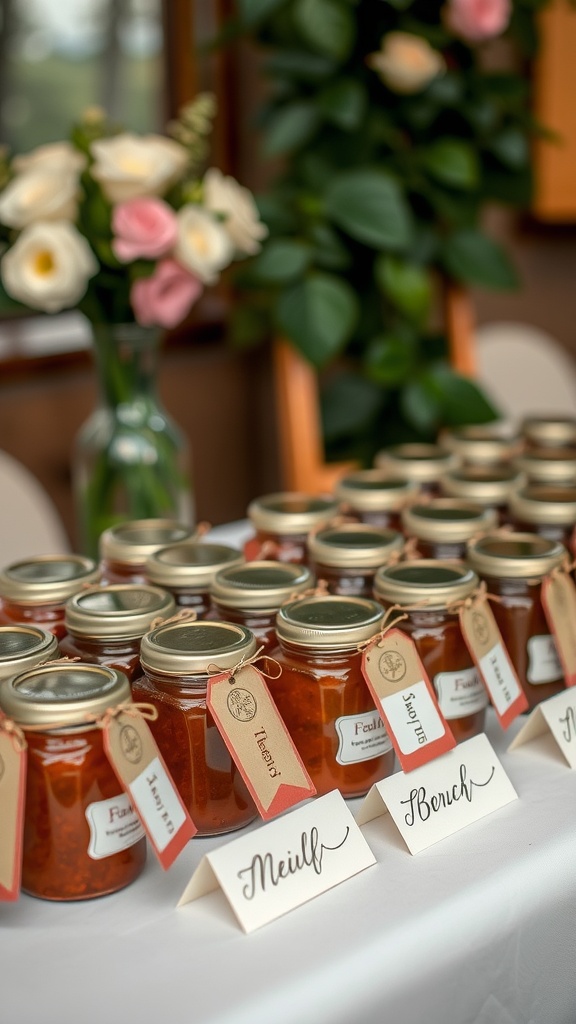 A table with jars of homemade goodies, labeled with tags, surrounded by flowers.