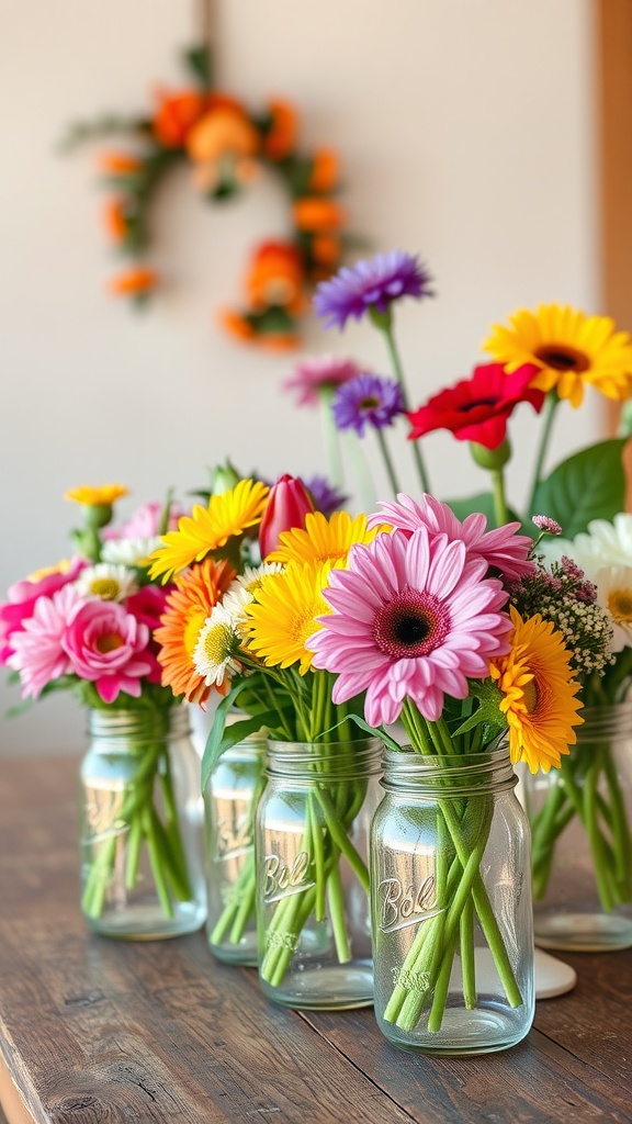 Colorful DIY floral arrangements in mason jars with a floral wreath in the background.
