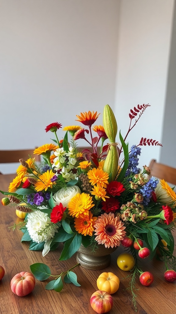 Vibrant DIY floral arrangement featuring colorful flowers and seasonal fruits on a wooden table