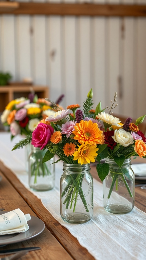 Colorful floral centerpieces in mason jars on a rustic wooden table.