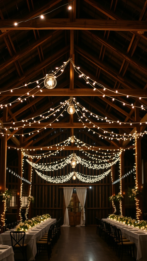 A beautifully decorated barn with string lights hanging from wooden beams, creating a warm glow for a wedding.