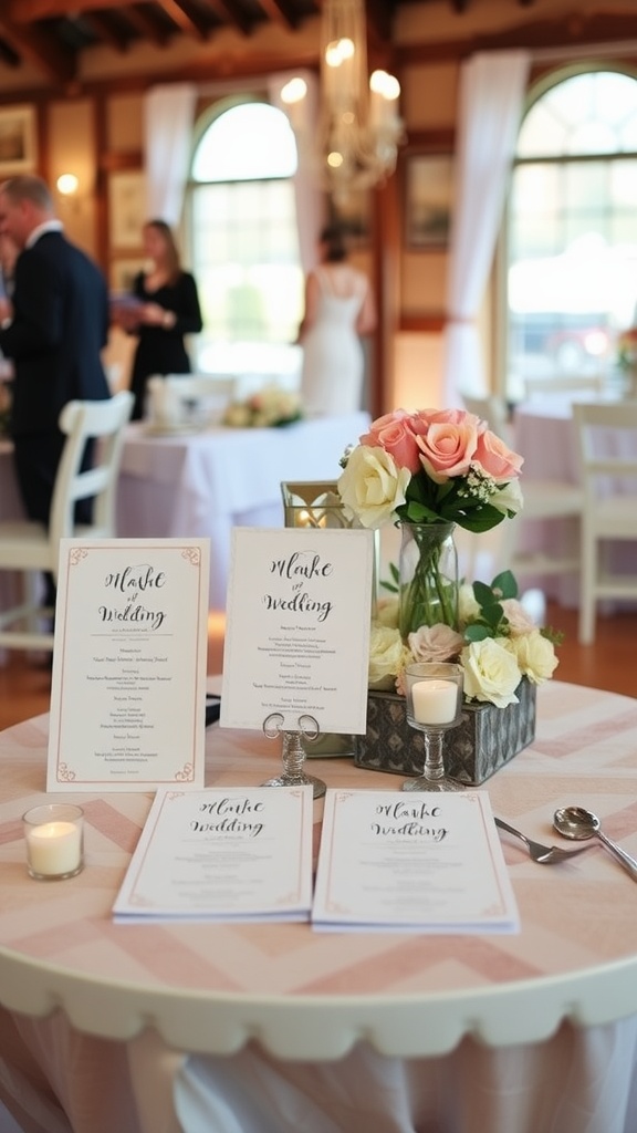 A table set with DIY wedding programs, soft roses, and candles, adding charm to the wedding decor.