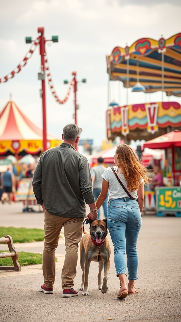 A couple walking hand-in-hand with their dog at a fair, with carnival rides in the background.