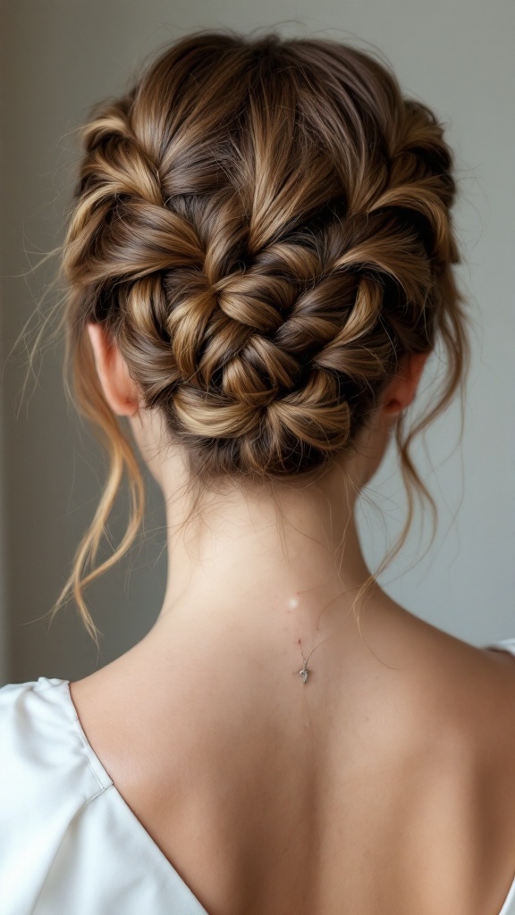 A woman showcasing a double braided updo hairstyle, with braids elegantly twisted into a bun.
