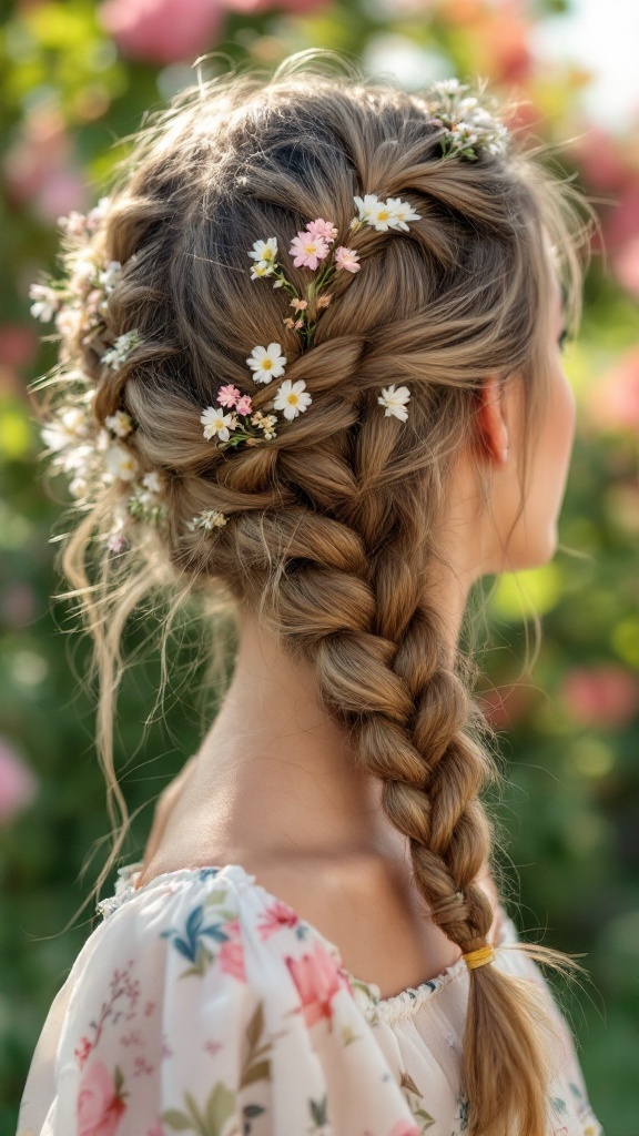 A woman with medium-length hair styled in double Dutch braids, decorated with small flowers.