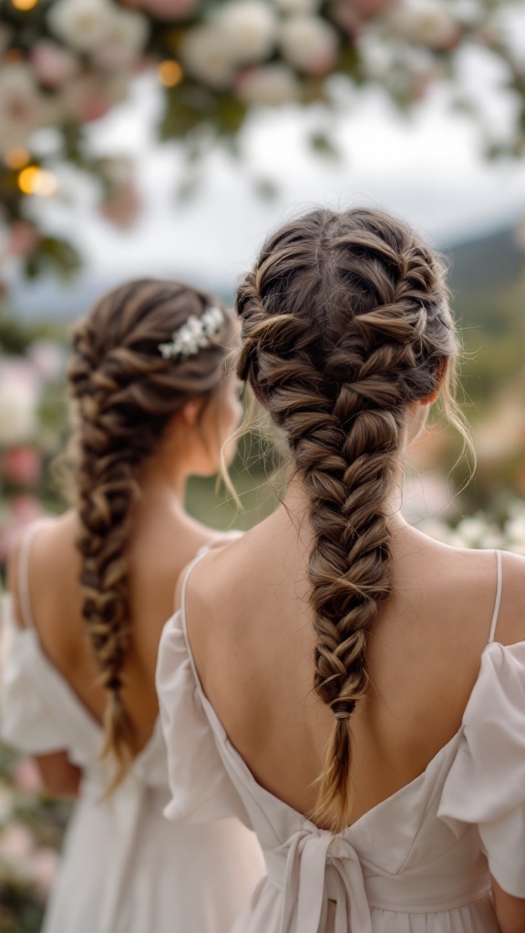 Two bridesmaids with double Dutch braids and white dresses