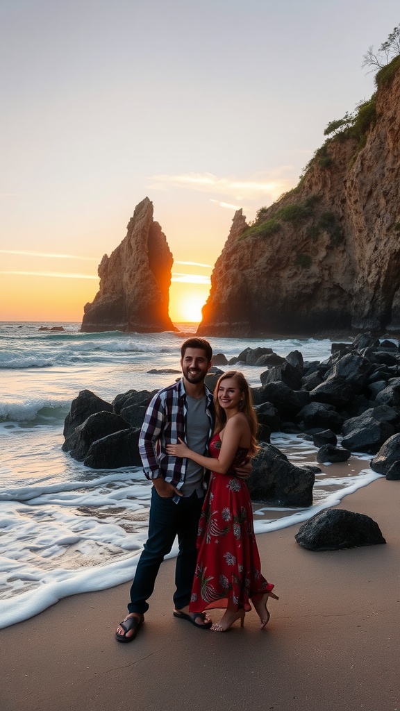 Couple posing on the beach with dramatic rock formations and sunset in the background