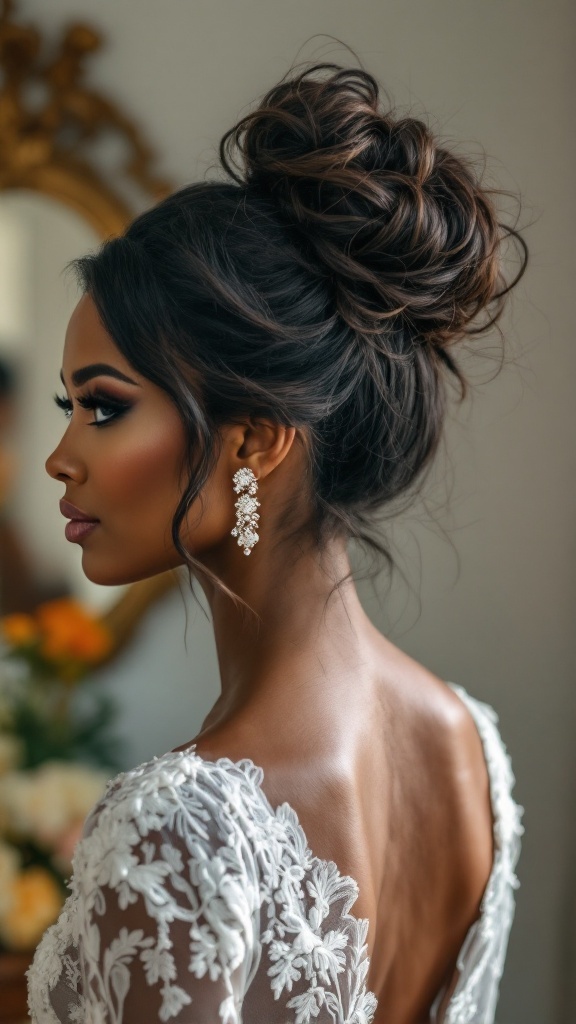 A bride with a dramatic top knot hairstyle and statement earrings, showcasing elegance and modern bridal trends.