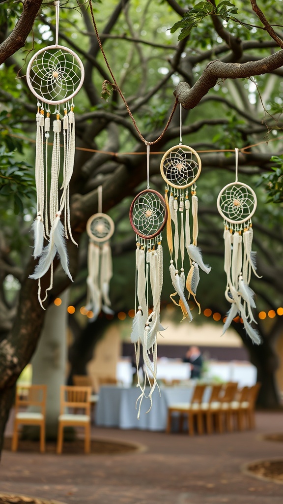 Dreamcatchers hanging from tree branches at a bridal shower
