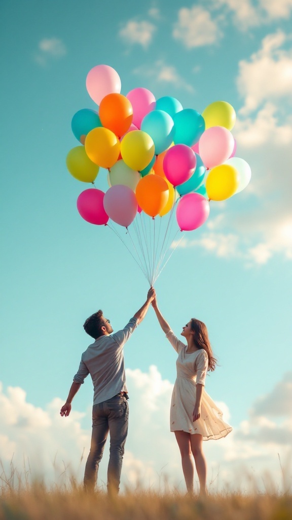 Couple holding colorful balloons against a blue sky