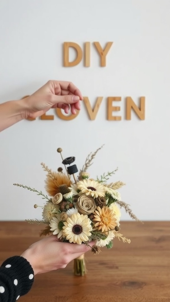 A hand arranging a dried flower bouquet in front of a 'DIY' sign