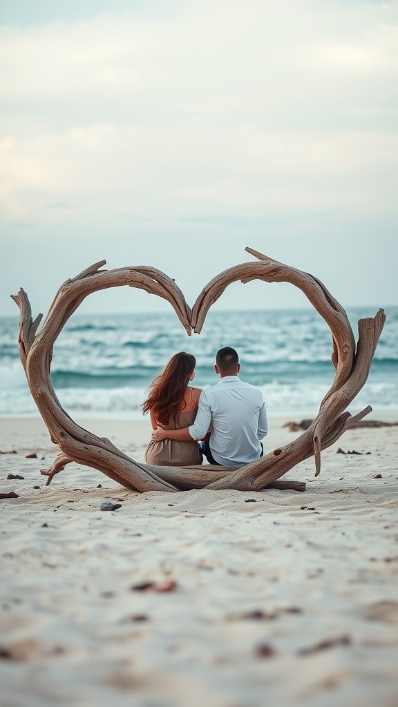 A couple sitting together in a heart-shaped driftwood frame on the beach, looking out at the ocean.