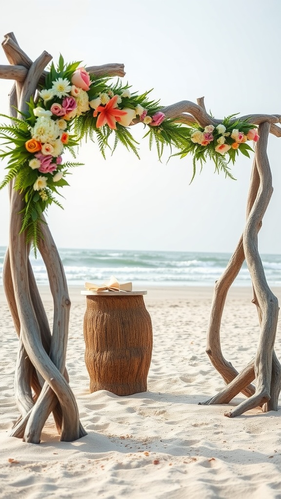 A driftwood wedding arch decorated with colorful flowers on a beach